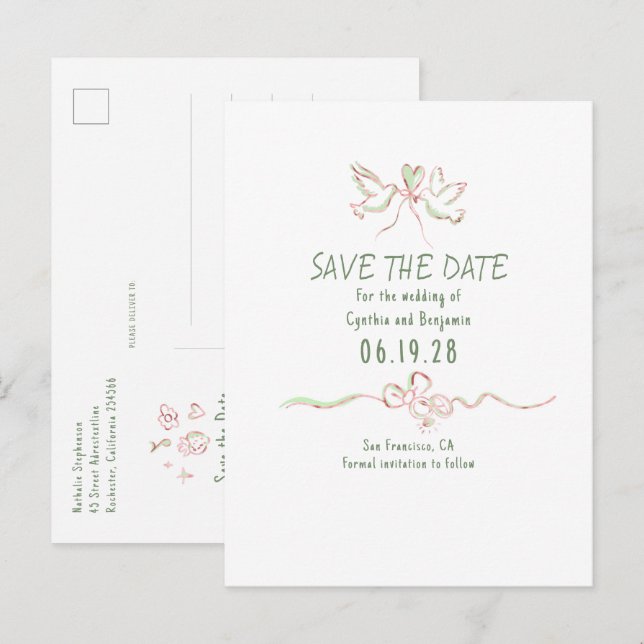 Whimsical Funky Handritad Save The Date Meddelande Vykort (Fram/baksida)