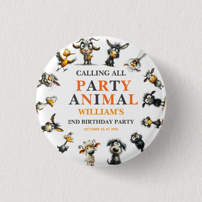 Whimsical Funny Animals 2nd Birthday Party Knapp (Framsida)