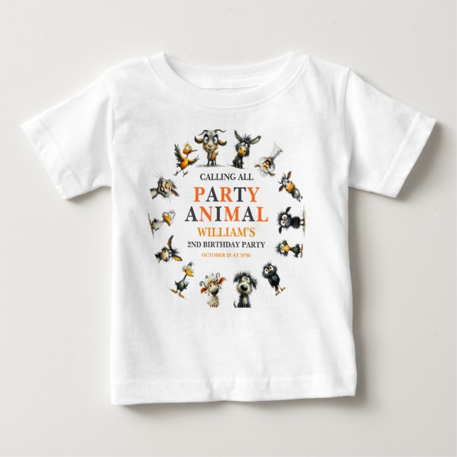 Whimsical Funny Animals 2nd Birthday Party T Shirt (Framsida)