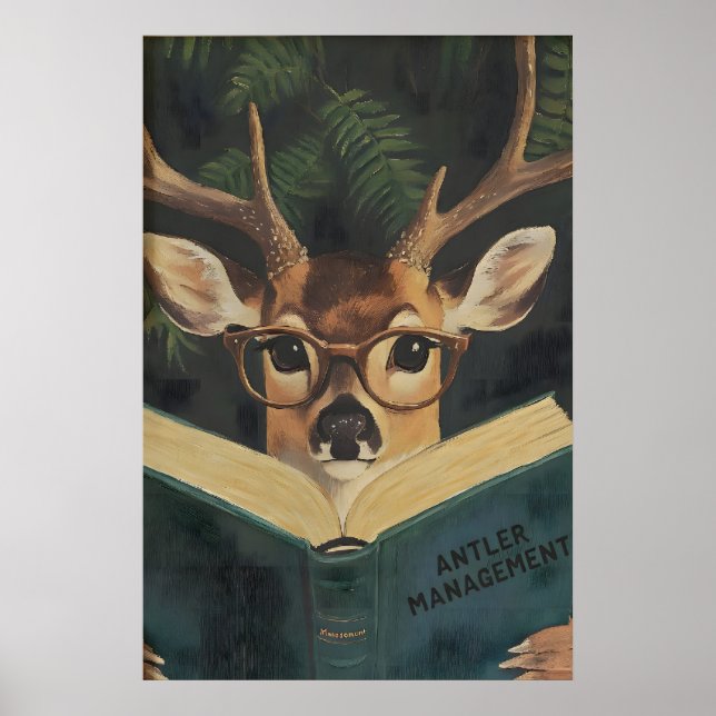 Whimsical Funny Deer Bookworm Wall Art Print Poster (Framsidan)