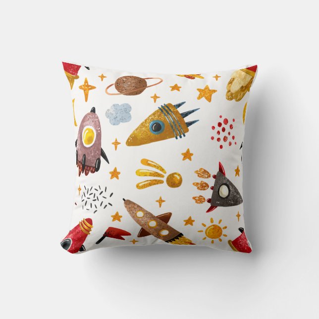 Whimsical Galaxy Rocket Ship Pattern Kids Decor Kudde (Framsida)