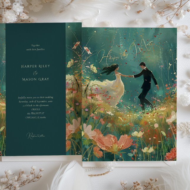 Whimsical Garden Dance - Teal and Coral Bröllop Inbjudningar (Skapare uppladdad)
