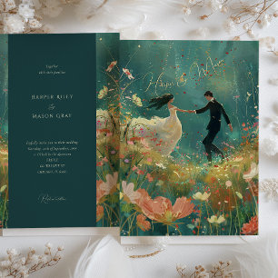 Whimsical Garden Dance - Teal and Coral Bröllop Inbjudningar