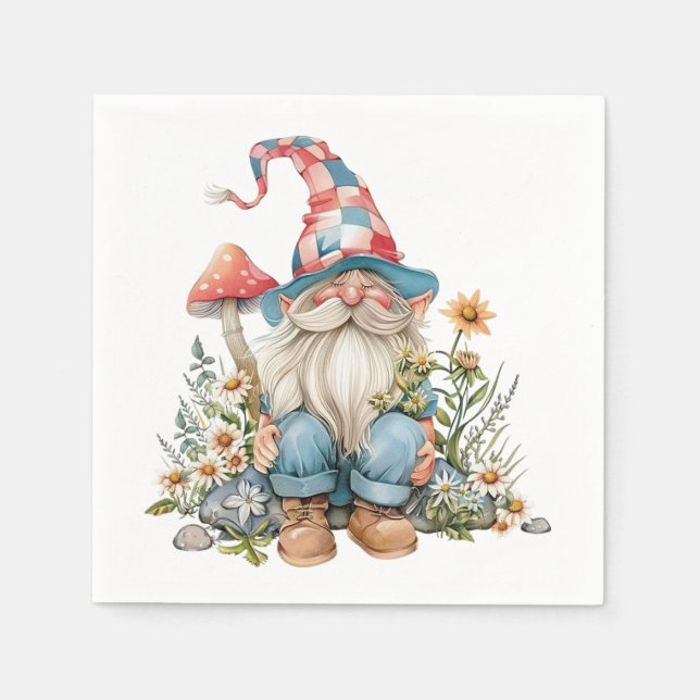 Whimsical Garden Gnome Wildblommor Blommigt Sommar Pappersservett (Framsidan)