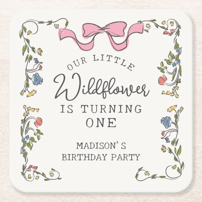 Whimsical Garden Party Doodle Blommigt Birthday Underlägg Papper Kvadrat (Framsidan)