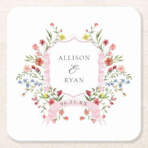 Whimsical Garden Wedding Vapensköld Monogram Underlägg Papper Kvadrat