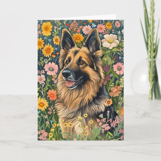 Whimsical German Shepherd i en Blomsterträdgård Kort (Framsida)