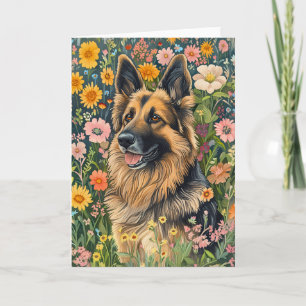 Whimsical German Shepherd i en Blomsterträdgård Kort