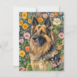 Whimsical German Shepherd i en Blomsterträdgård Vykort