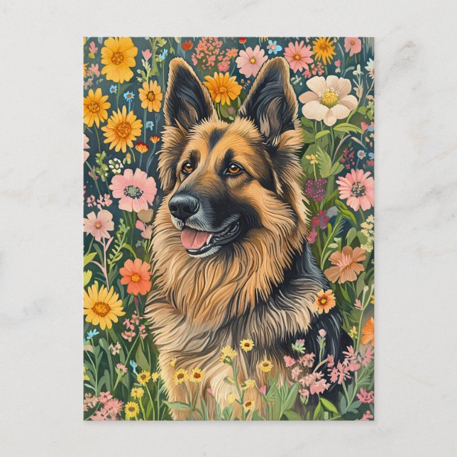 Whimsical German Shepherd i en Blomsterträdgård Vykort (Framsida)