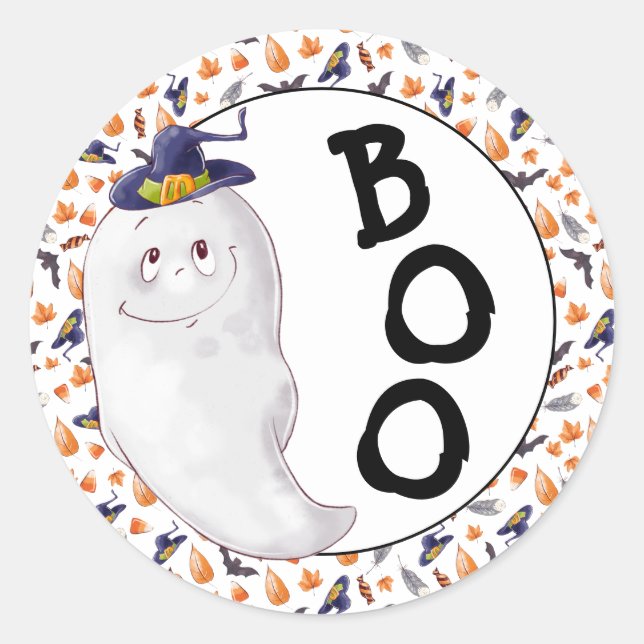 Whimsical Ghost Boo Halloween Runt Klistermärke (Framsida)
