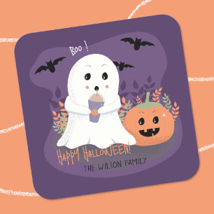 Whimsical Ghost Halloween Lila Sticker Fyrkantigt Klistermärke