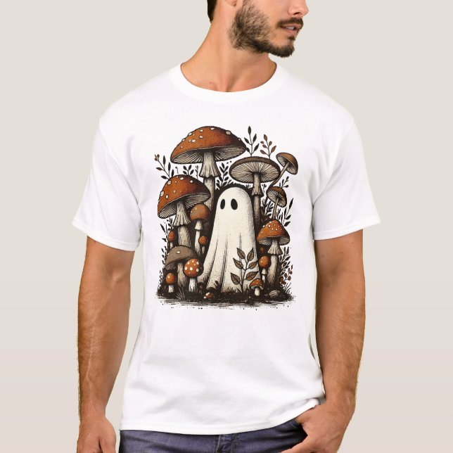 Whimsical Ghost in Mushroom Forest Graphic T Shirt (Framsida)