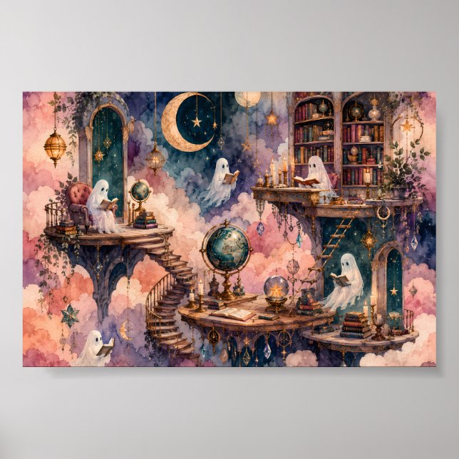 Whimsical Ghost Library Mysig Mörk Akademisk Konst Poster (Framsidan)