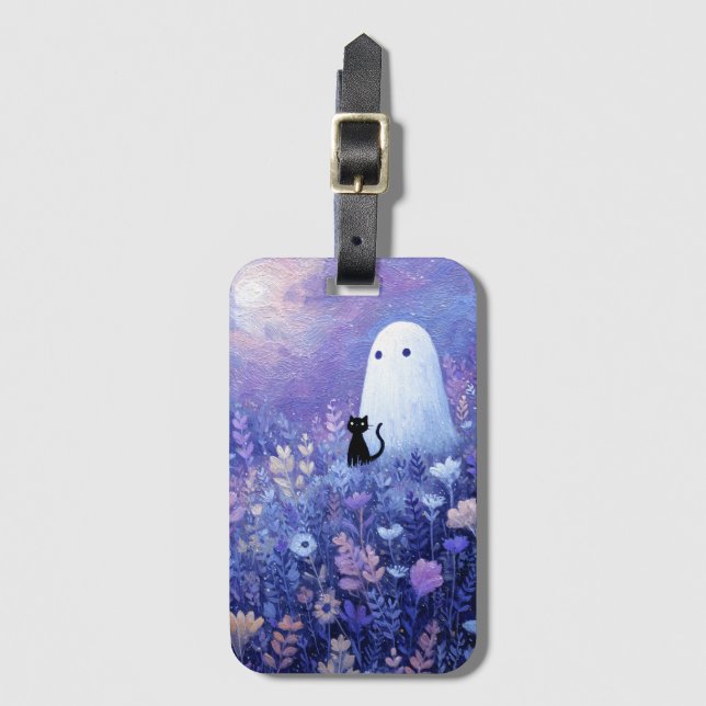 Whimsical Ghost och Cat i Twilight Meadow Bagagebricka (Framsida vertikal)