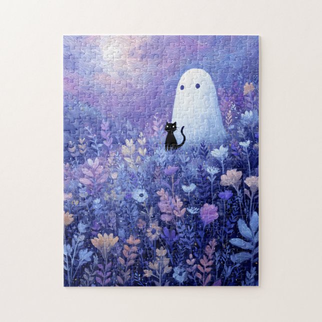 Whimsical Ghost och Cat i Twilight Meadow Pussel (Vertikal)