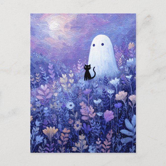 Whimsical Ghost och Cat i Twilight Meadow Vykort (Framsida)