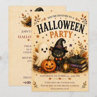 Whimsical Ghost Svart Katt Halloweenfest Inbjudningar