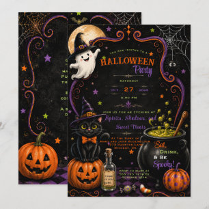 Whimsical Ghost Svart Katten Pumpa Halloween   Inbjudningar