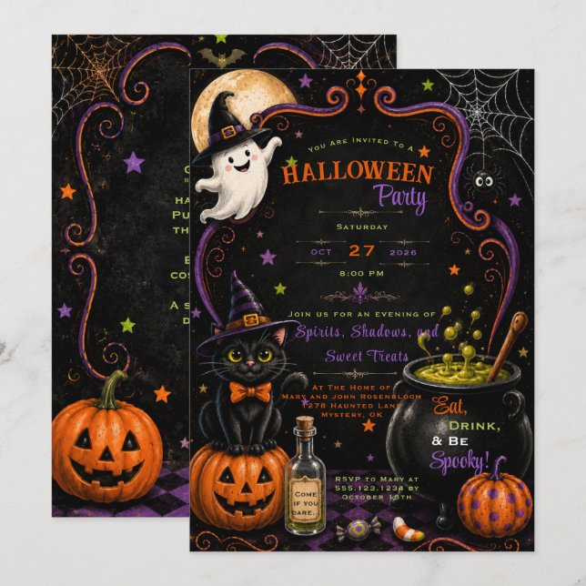 Whimsical Ghost Svart Katten Pumpa Halloween | Inbjudningar (Fram/baksida)