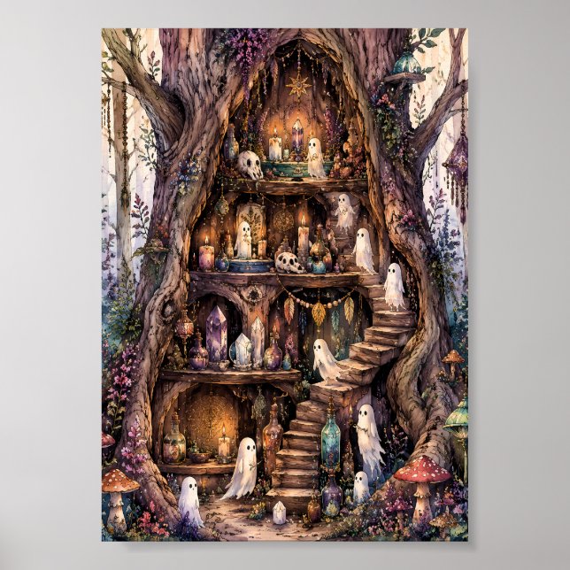 Whimsical Ghost Treehouse Apothecary Mysig Onda Poster (Framsidan)