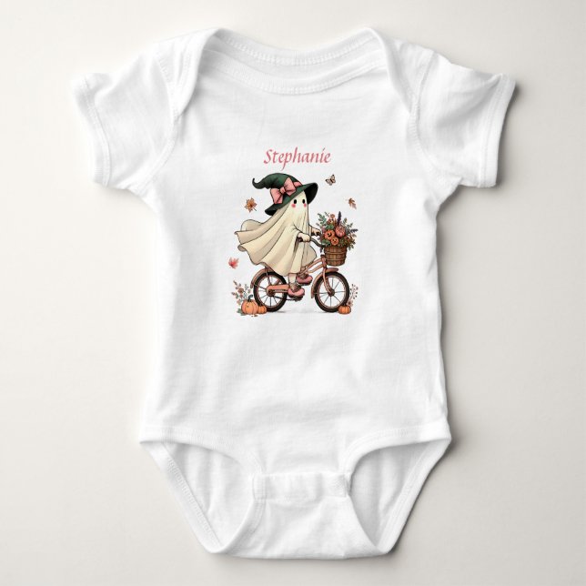 Whimsical Ghost Witch Riding Bicycle T Shirt (Framsida)