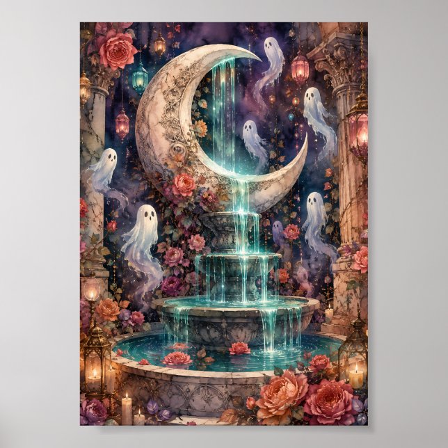 Whimsical Ghosts Magic Moon Fontän Whimsigoth Poster (Framsidan)