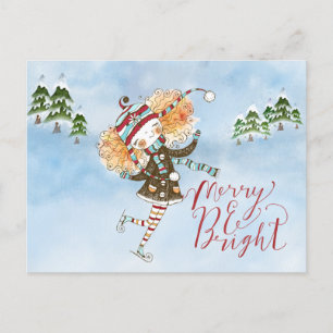 Whimsical Ginger Hair Ice Skater Helg Vykort
