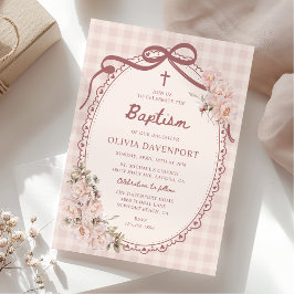 Whimsical Gingham Blush Pink Floral Girl Baptism Inbjudningar