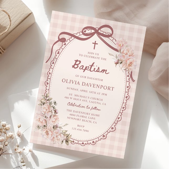Whimsical Gingham Blush Pink Floral Girl Baptism Inbjudningar (Skapare uppladdad)