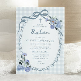 Whimsical Gingham Dusty Blue Floral Boy Baptism Inbjudningar
