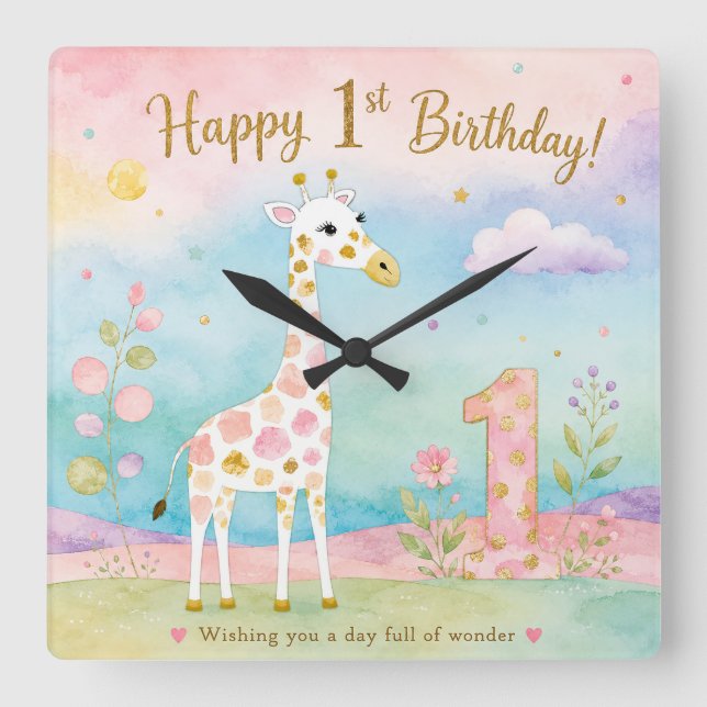 Whimsical Giraff Första Födelsedags Under Fyrkantig Klocka (Framsida)