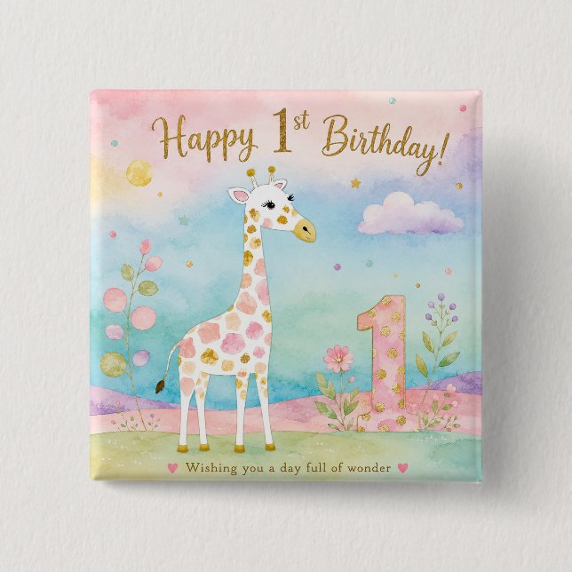 Whimsical Giraff Första Födelsedags Under Knapp (Framsida)