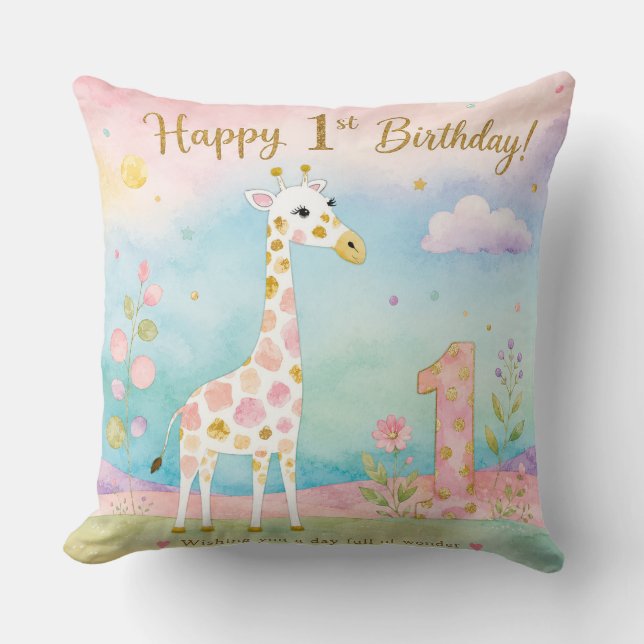 Whimsical Giraff Första Födelsedags Under Kudde (Framsida)