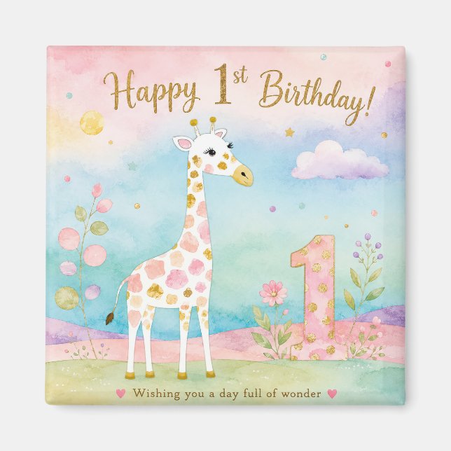 Whimsical Giraff Första Födelsedags Under Magnet (Framsidan)