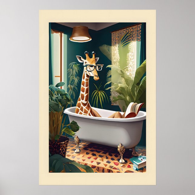 Whimsical Giraff i badkaret Vattenfärgstryck Poster (Framsidan)