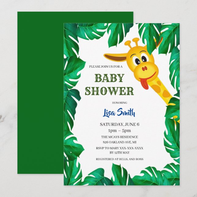 Whimsical Giraffe Safari Baby Shower Inbjudningar (Fram/baksida)