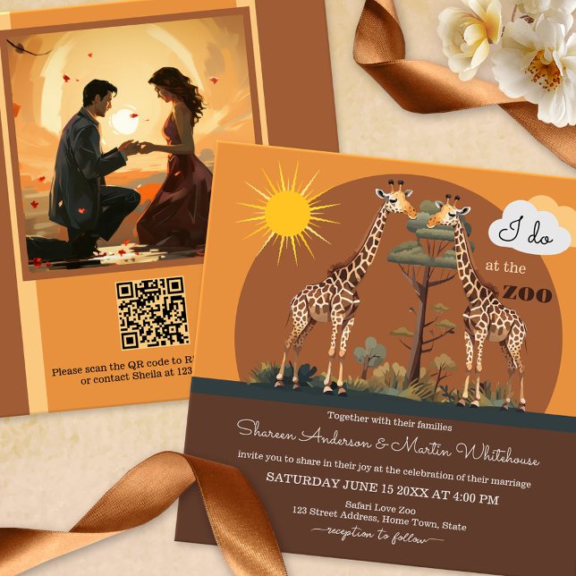 Whimsical Giraffe Safari Zoo Bröllop allt-i-ett Inbjudningar (Cute and whimsical wedding invitation with a zoo or safari theme featuring two giraffes in Africa)