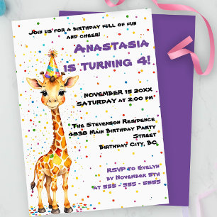 Whimsical Giraffe with Colorful Confetti Birthday Inbjudningar