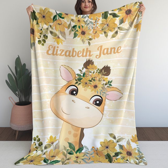 Whimsical Giraffe with Sunwers + Custom Name Fleecefilt (Whimsical Giraffe with Sunflowers + Custom Name Fleece Blanket (L))