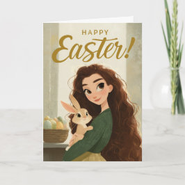 Whimsical Girl and Baby Bunny Easter Greeting Kort