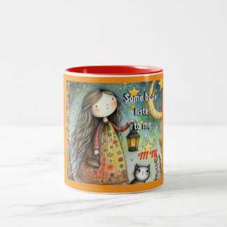 Whimsical Girl and Cat Mugg "Någon lyssnar på mig
