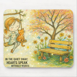 Whimsical Girl and Orange Cat Garden Mousepad Musmatta