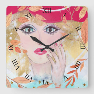 Whimsical Girl Ansikte Hand Lövs Roman Numerals Fyrkantig Klocka