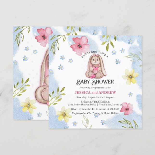 Whimsical Girl Bunny Baby Shower Inbjudningar (Fram/baksida)