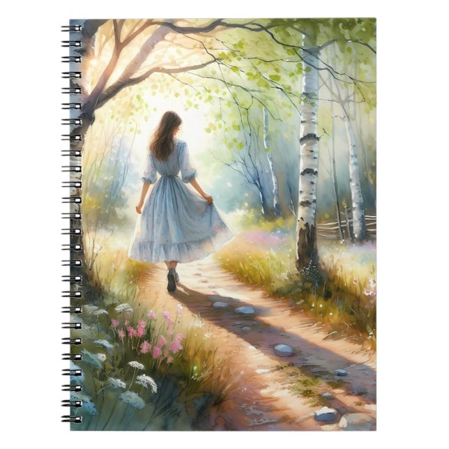 Whimsical Girl Dancing Through Birch Forest Anteckningsbok (Framsidan)