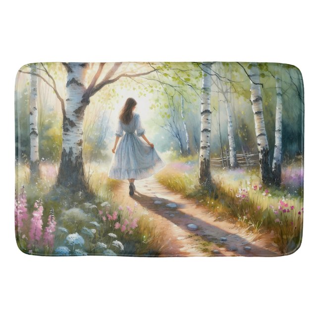 Whimsical Girl Dancing Through Birch Forest Badrumsmatta (Framsidan)