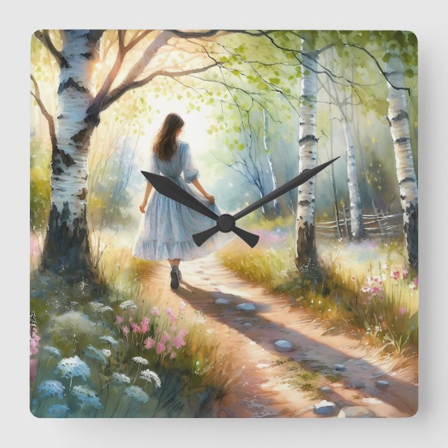 Whimsical Girl Dancing Through Birch Forest Fyrkantig Klocka (Framsida)