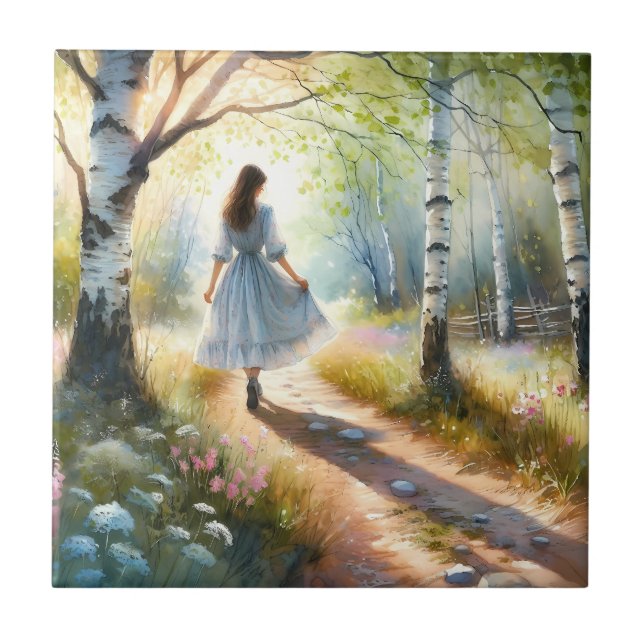Whimsical Girl Dancing Through Birch Forest Kakelplatta (Framsidan)