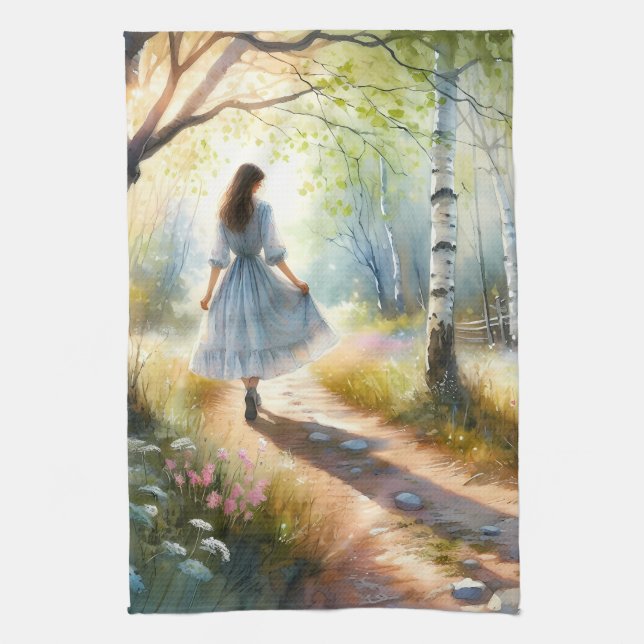 Whimsical Girl Dancing Through Birch Forest Kökshandduk (Vertikal)